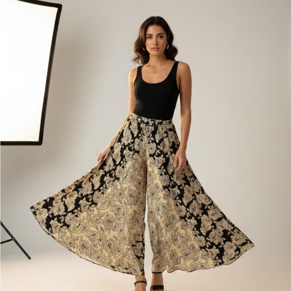 Rachel Zoe Wide Leg Palazzo Pants | Black & Tan Rose Floral | Pockets | Small